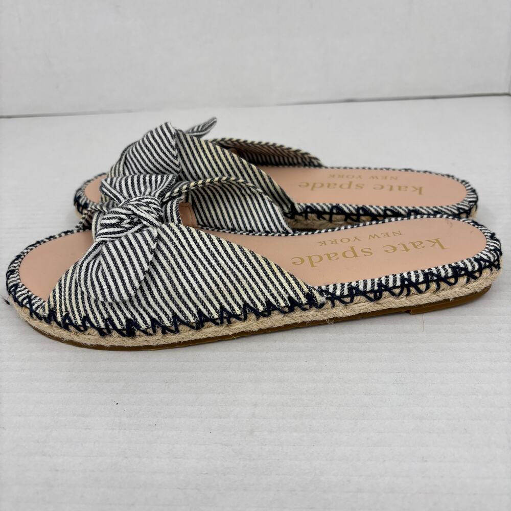Kate Spade Slide Sandals Size 8 Blue Stripe Saltie Shore Espadrille Flat Bow - Picture 4 of 13